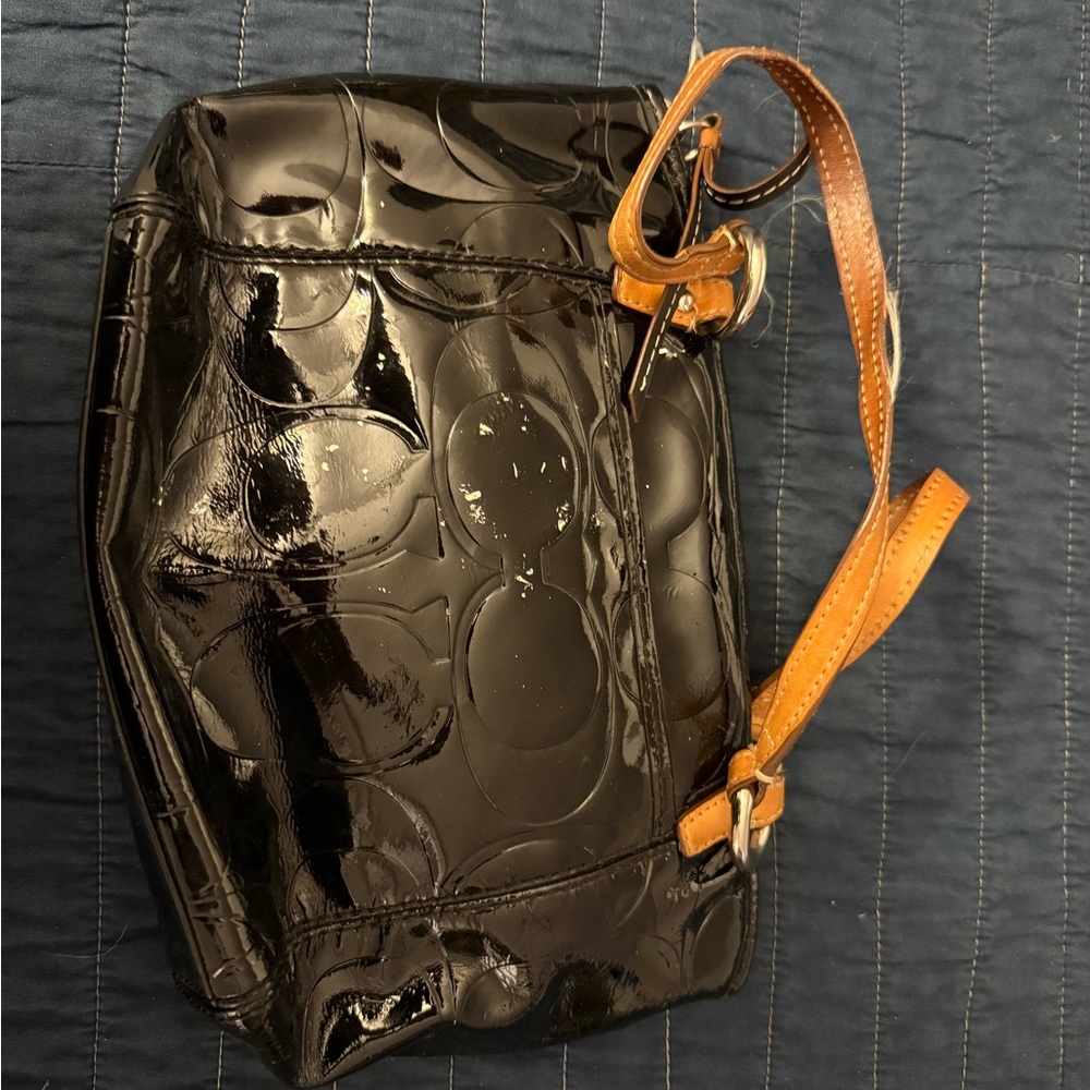 Coach Black Leather Patch on Blue Fabric